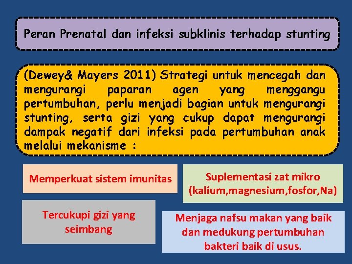 Peran Prenatal dan infeksi subklinis terhadap stunting (Dewey& Mayers 2011) Strategi untuk mencegah dan