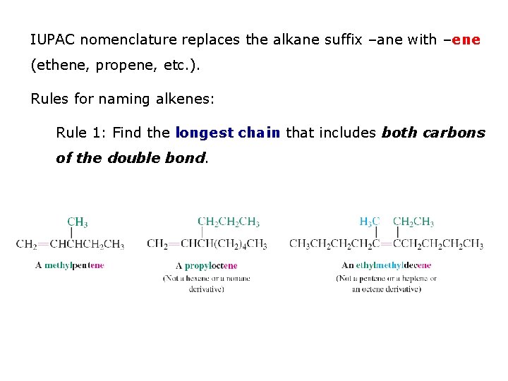 IUPAC nomenclature replaces the alkane suffix –ane with –ene (ethene, propene, etc. ). Rules