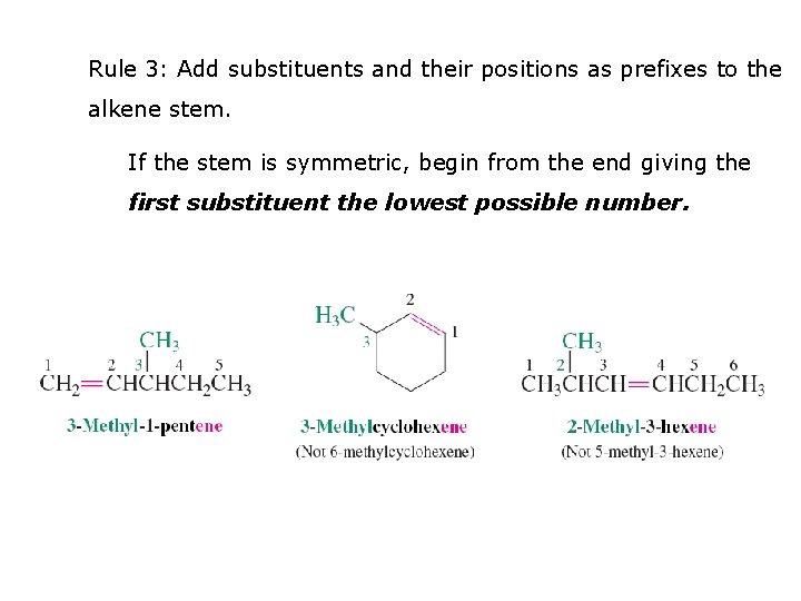 Rule 3: Add substituents and their positions as prefixes to the alkene stem. If