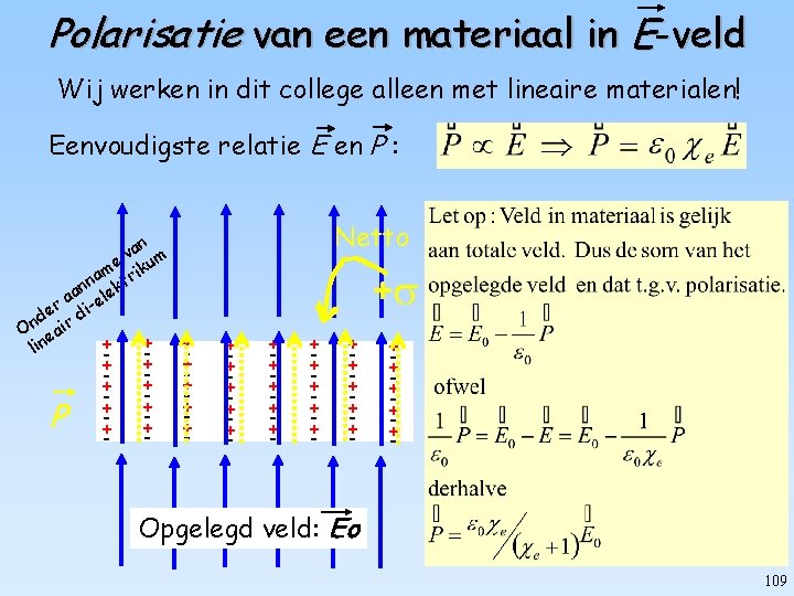 Polarisatie van een materiaal in E-veld Wij werken in dit college alleen met lineaire