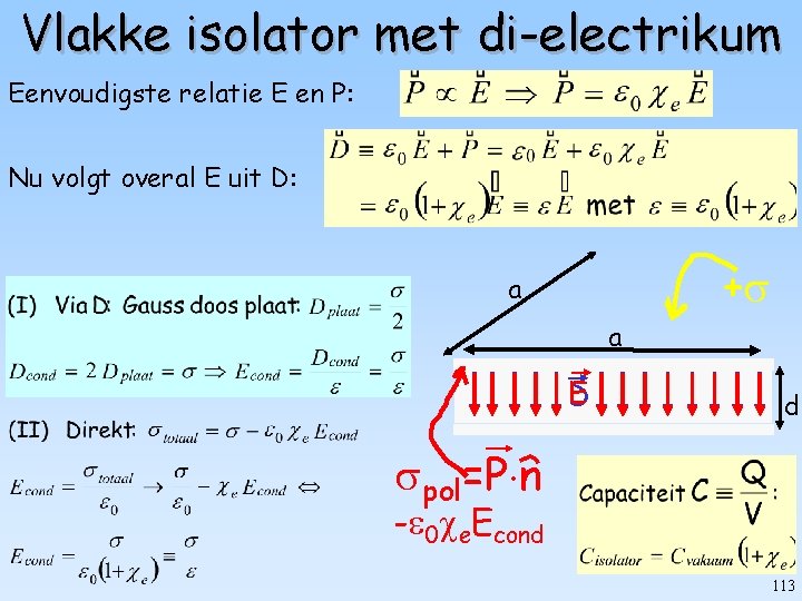 Vlakke isolator met di-electrikum Eenvoudigste relatie E en P: Nu volgt overal E uit