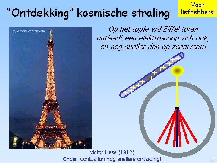 “Ontdekking” kosmische straling Voor liefhebbers! Op het topje v/d Eiffel toren ontlaadt een elektroscoop
