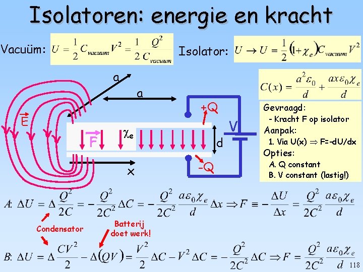 Isolatoren: energie en kracht Vacuüm: Isolator: a E F a e x Condensator +Q