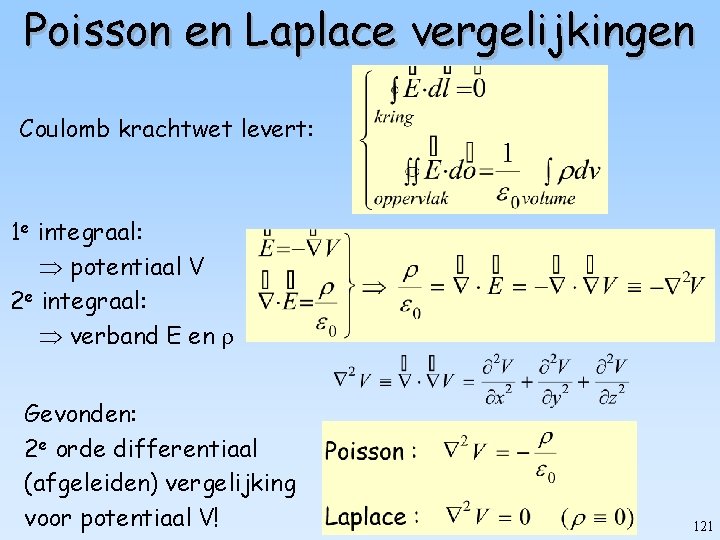 Poisson en Laplace vergelijkingen Coulomb krachtwet levert: 1 e integraal: potentiaal V 2 e