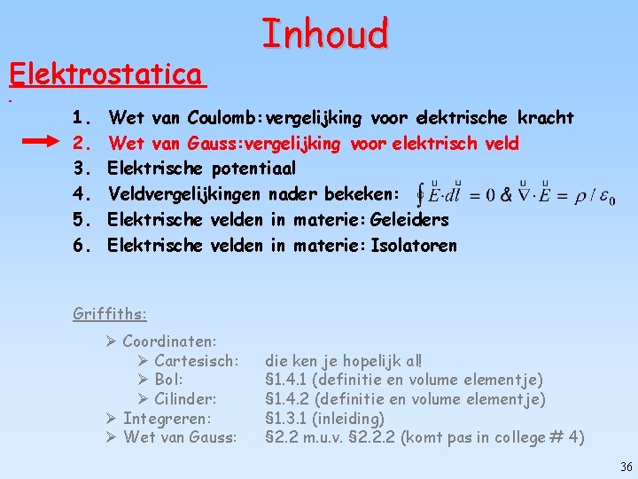 Elektrostatica 1. 2. 3. 4. 5. 6. Inhoud Wet van Coulomb: vergelijking voor elektrische