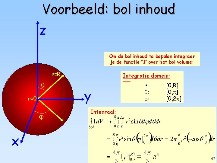 Voorbeeld: bol inhoud z Om de bol inhoud te bepalen integreer je de functie