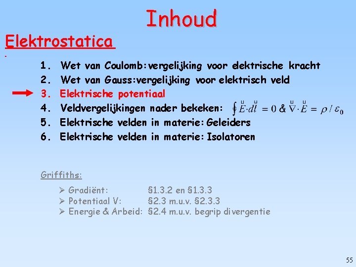 Elektrostatica 1. 2. 3. 4. 5. 6. Inhoud Wet van Coulomb: vergelijking voor elektrische