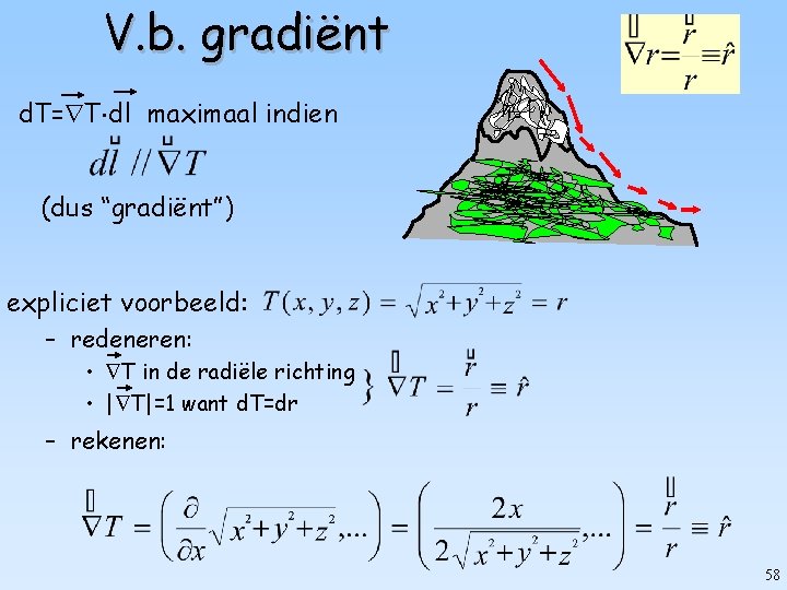 V. b. gradiënt d. T= T dl maximaal indien (dus “gradiënt”) expliciet voorbeeld: –