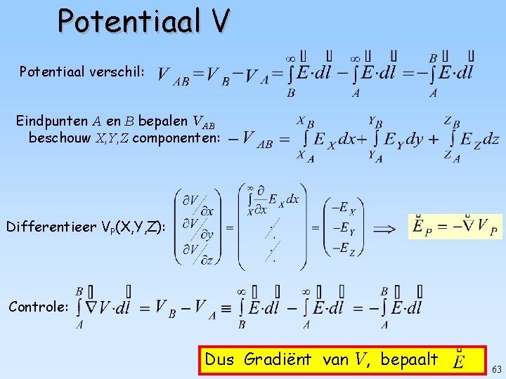 Potentiaal V Potentiaal verschil: Eindpunten A en B bepalen VAB beschouw X, Y, Z