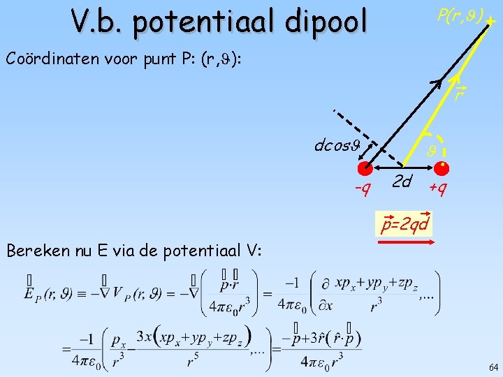 V. b. potentiaal dipool P(r, ) Coördinaten voor punt P: (r, ): r dcos