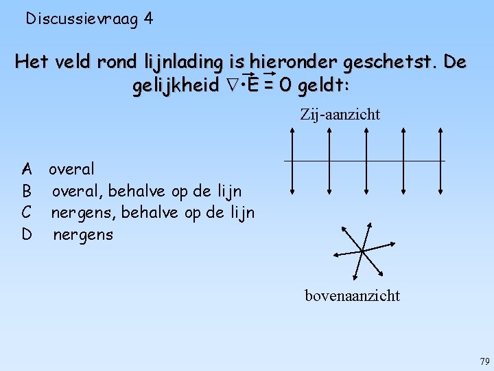 Discussievraag 4 Het veld rond lijnlading is hieronder geschetst. De gelijkheid • E =