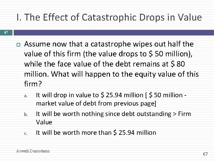 I. The Effect of Catastrophic Drops in Value 67 Assume now that a catastrophe