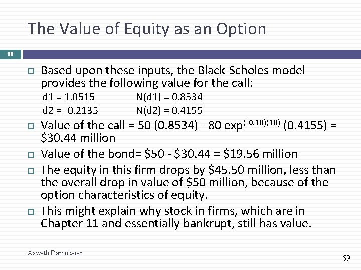 The Value of Equity as an Option 69 Based upon these inputs, the Black-Scholes