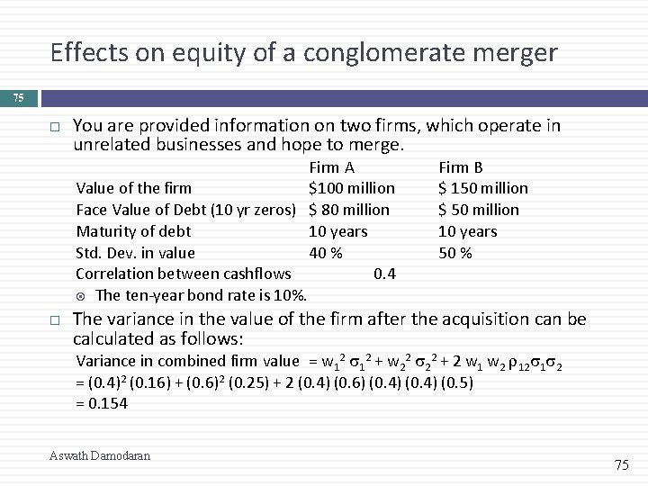 Effects on equity of a conglomerate merger 75 You are provided information on two