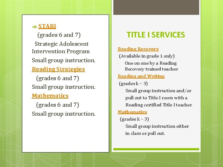 STARI (grades 6 and 7) Strategic Adolescent Intervention Program Small group instruction. Reading Strategies