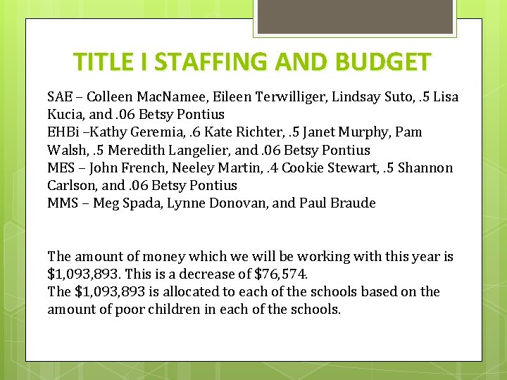 TITLE I STAFFING AND BUDGET SAE – Colleen Mac. Namee, Eileen Terwilliger, Lindsay Suto,