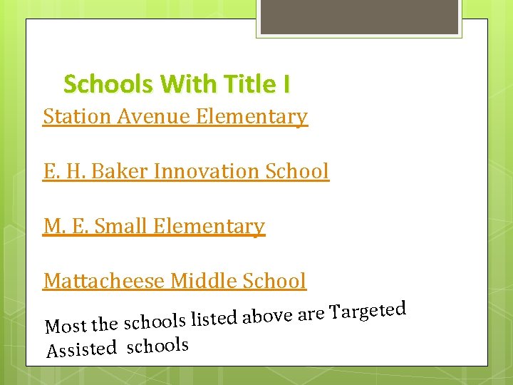 Schools With Title I Station Avenue Elementary E. H. Baker Innovation School M. E.