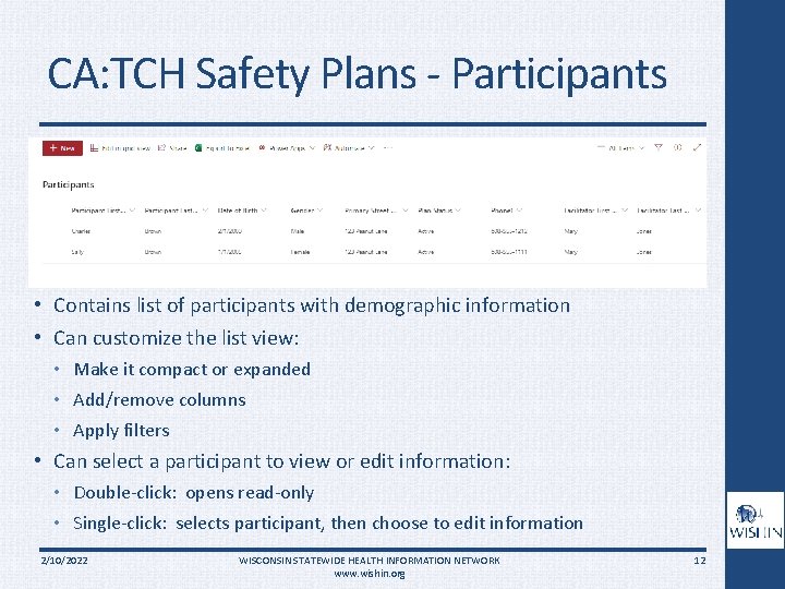 CA: TCH Safety Plans - Participants • Contains list of participants with demographic information CA: TCH Safety Plans - Participants • Contains list of participants with demographic information