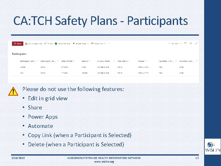 CA: TCH Safety Plans - Participants Please do not use the following features: •