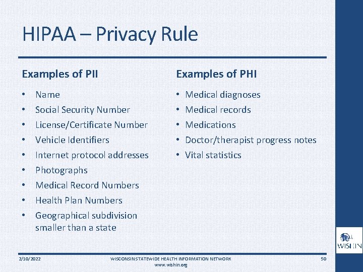 HIPAA – Privacy Rule Examples of PII • • • Examples of PHI Name