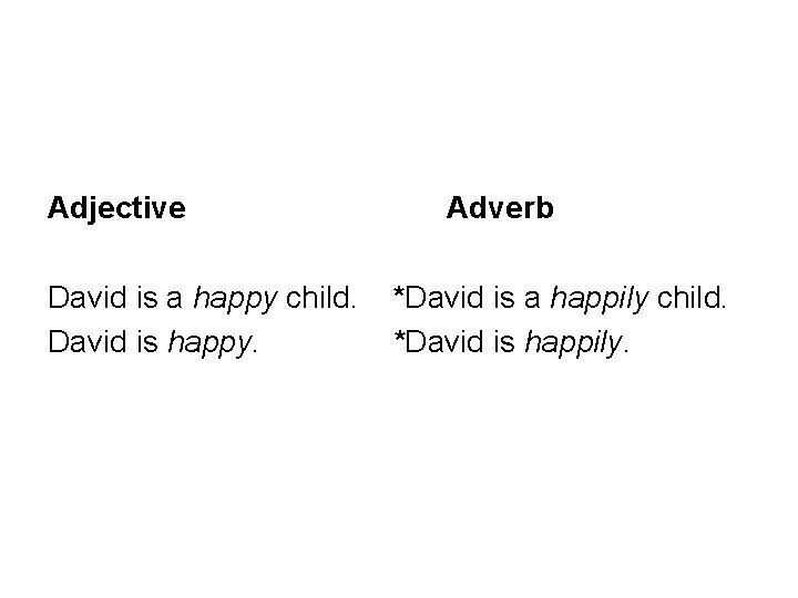 Adjective David is a happy child. David is happy. Adverb *David is a happily