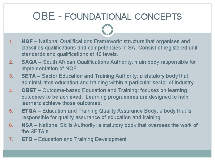 OBE - FOUNDATIONAL CONCEPTS 1. 2. 3. 4. 5. 6. 7. NQF – National