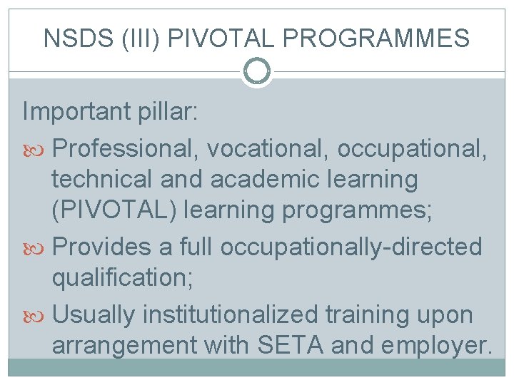 NSDS (III) PIVOTAL PROGRAMMES Important pillar: Professional, vocational, occupational, technical and academic learning (PIVOTAL)
