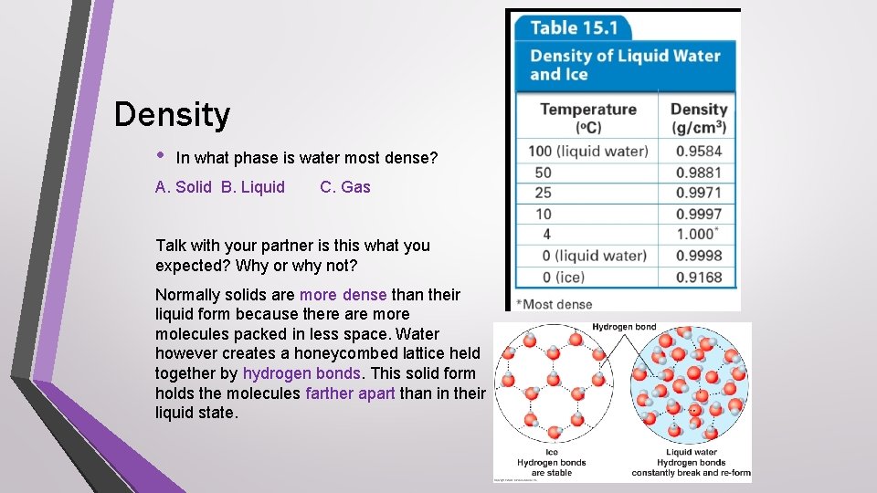 Density • In what phase is water most dense? A. Solid B. Liquid C.