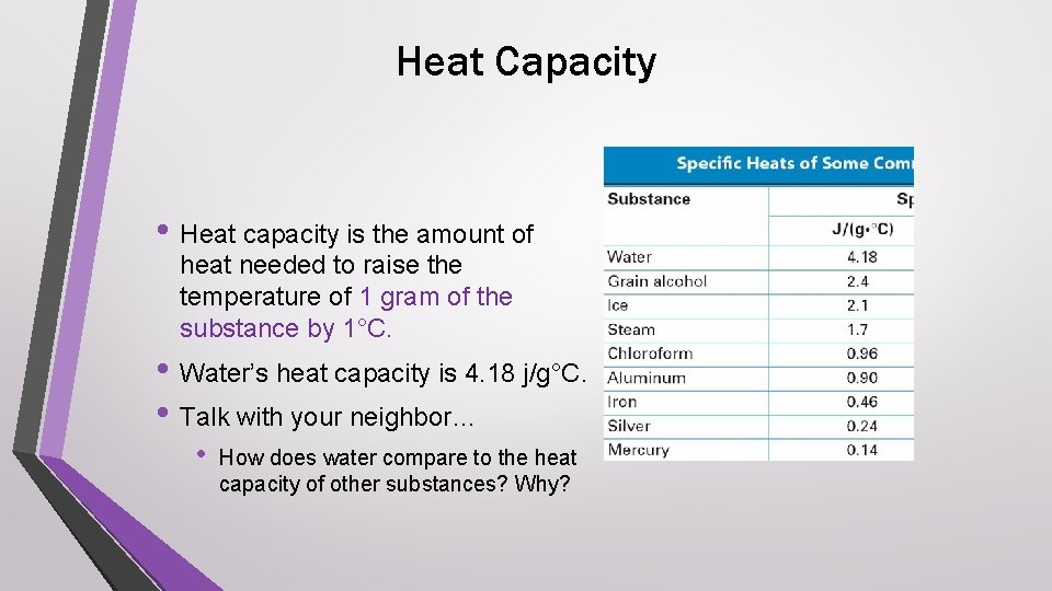 Heat Capacity • Heat capacity is the amount of heat needed to raise the