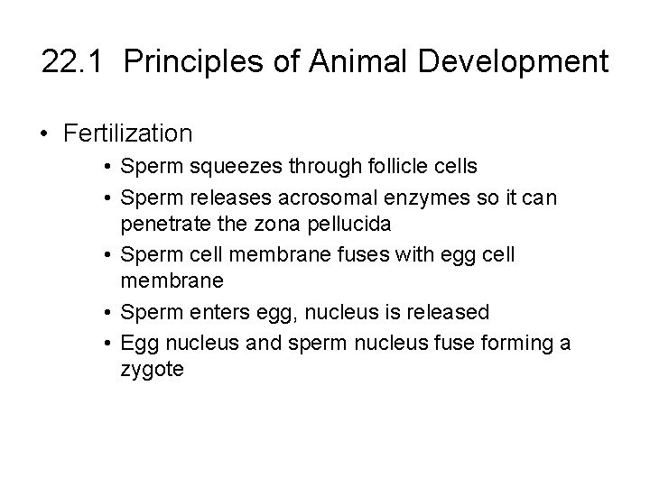 22. 1 Principles of Animal Development • Fertilization • Sperm squeezes through follicle cells