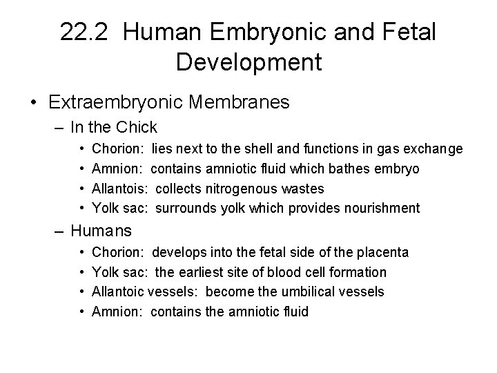 22. 2 Human Embryonic and Fetal Development • Extraembryonic Membranes – In the Chick