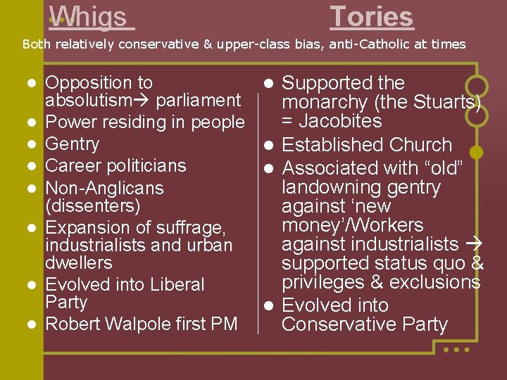 Whigs Tories Both relatively conservative & upper-class bias, anti-Catholic at times l l l