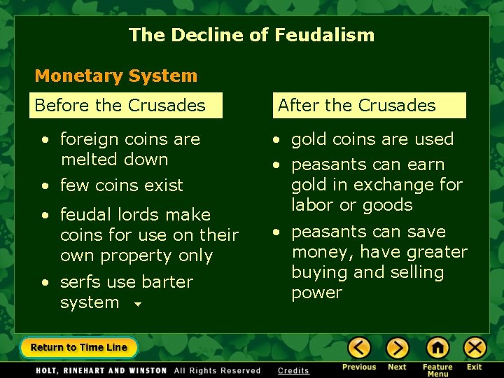 The Decline of Feudalism Monetary System Before the Crusades • foreign coins are melted