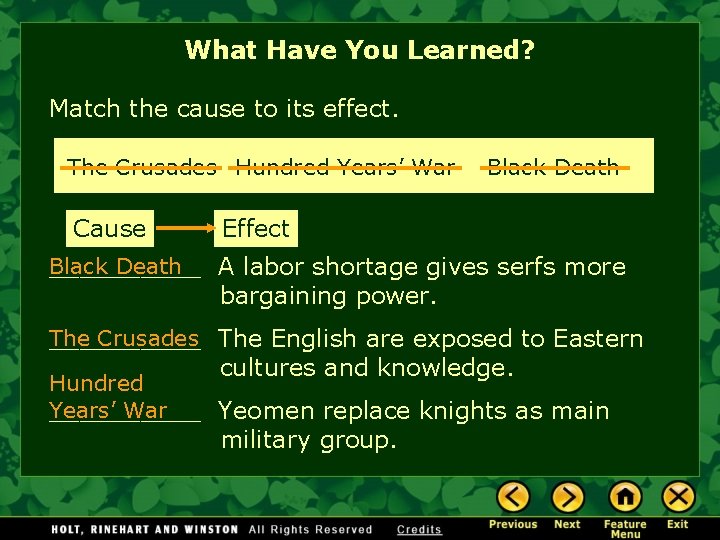 What Have You Learned? Match the cause to its effect. The Crusades Hundred Years’