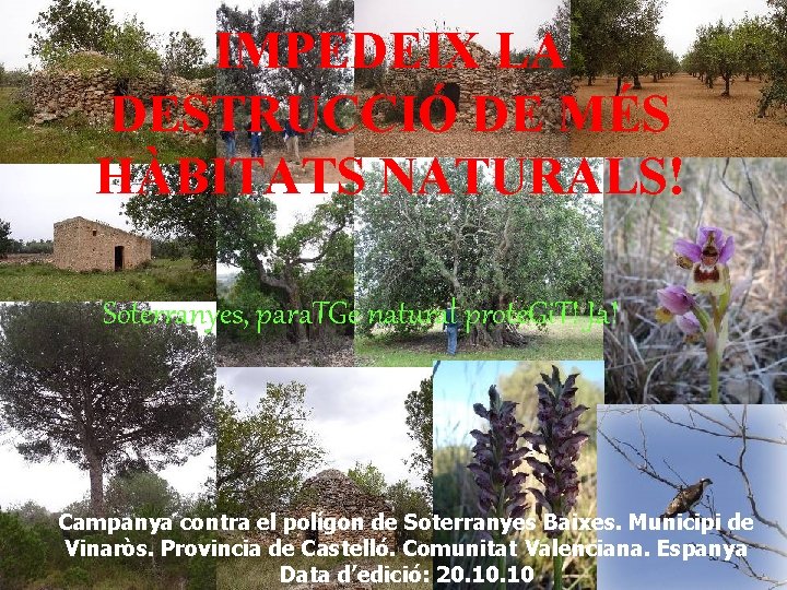 IMPEDEIX LA DESTRUCCIÓ DE MÉS HÀBITATS NATURALS! Soterranyes, para. TGe natural prote. Gi. T!