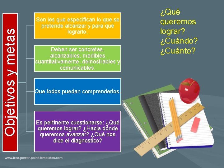 Objetivos y metas Son los que especifican lo que se pretende alcanzar y para