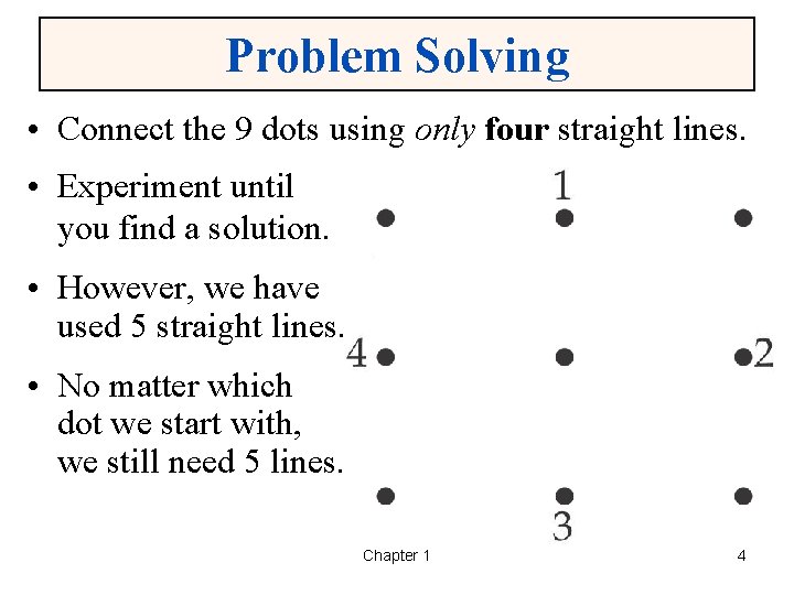 Problem Solving • Connect the 9 dots using only four straight lines. • Experiment