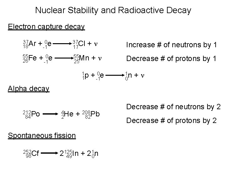 Nuclear Stability and Radioactive Decay Electron capture decay +n 37 Ar 18 + -10