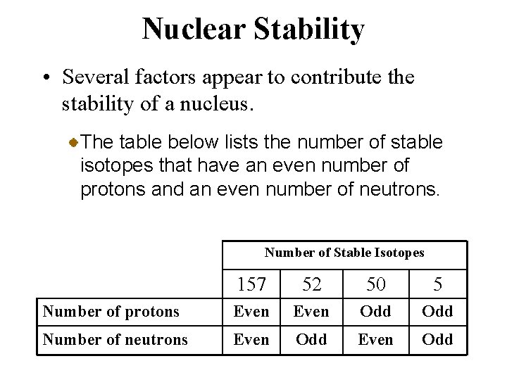 Nuclear Stability • Several factors appear to contribute the stability of a nucleus. The