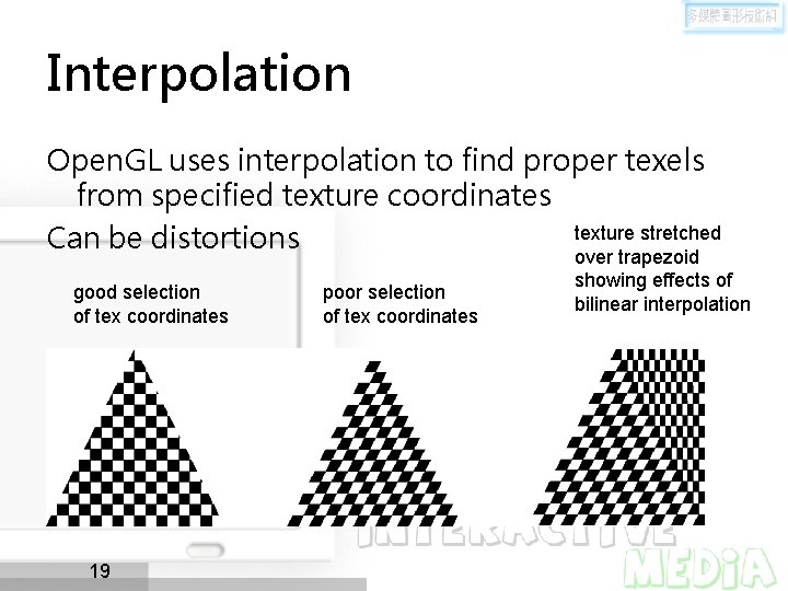 Interpolation Open. GL uses interpolation to find proper texels from specified texture coordinates texture