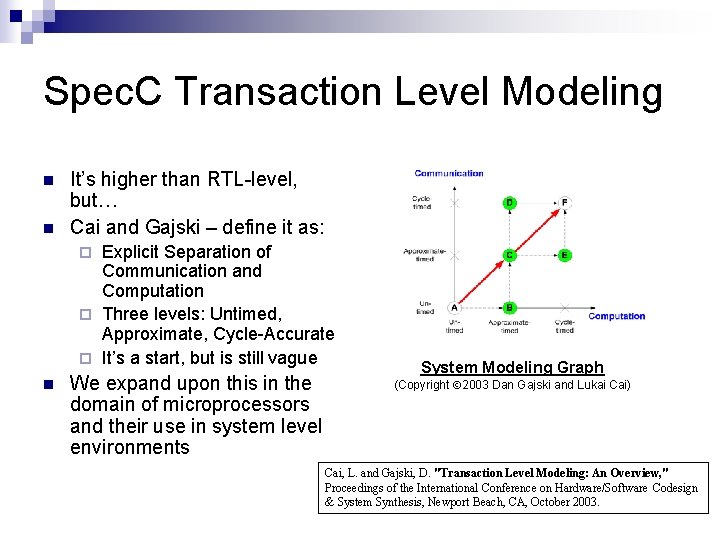 Spec. C Transaction Level Modeling n n It’s higher than RTL-level, but… Cai and