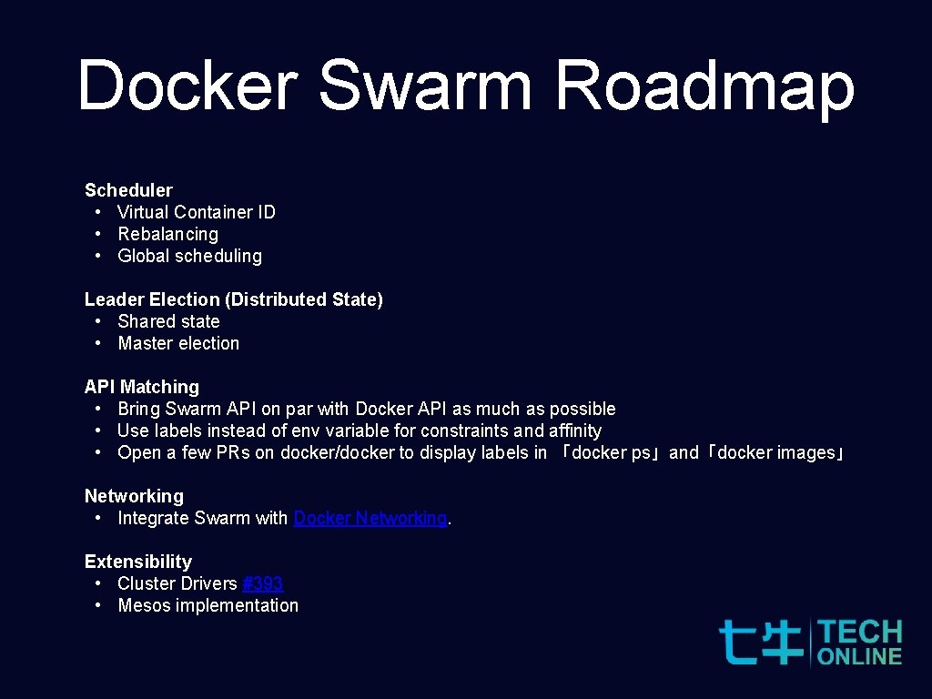 Docker Swarm Roadmap Scheduler • Virtual Container ID • Rebalancing • Global scheduling Leader