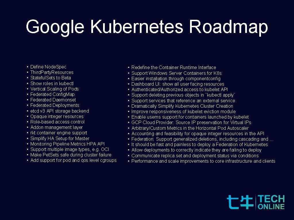 Google Kubernetes Roadmap • • • • • Define Node. Spec Third. Party. Resources