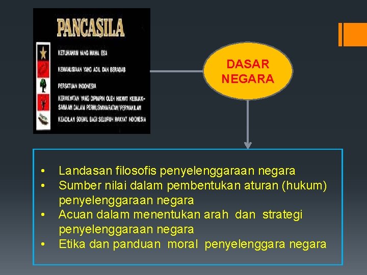 DASAR NEGARA • • Landasan filosofis penyelenggaraan negara Sumber nilai dalam pembentukan aturan (hukum)