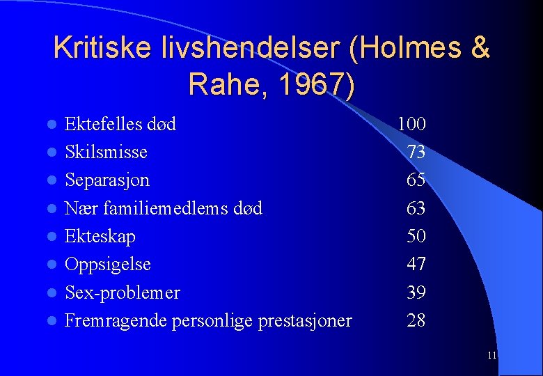 Kritiske livshendelser (Holmes & Rahe, 1967) l l l l Ektefelles død Skilsmisse Separasjon