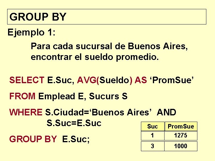 GROUP BY Ejemplo 1: Para cada sucursal de Buenos Aires, encontrar el sueldo promedio.