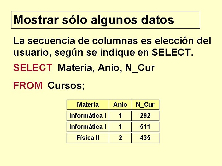 Mostrar sólo algunos datos La secuencia de columnas es elección del usuario, según se