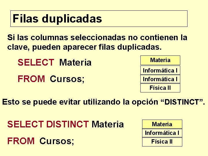 Filas duplicadas Si las columnas seleccionadas no contienen la clave, pueden aparecer filas duplicadas.