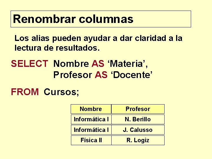 Renombrar columnas Los alias pueden ayudar a dar claridad a la lectura de resultados.