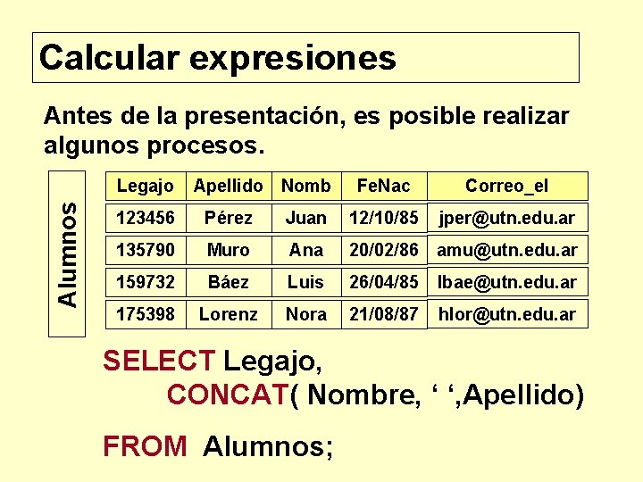 Calcular expresiones Antes de la presentación, es posible realizar algunos procesos. Alumnos Legajo Apellido